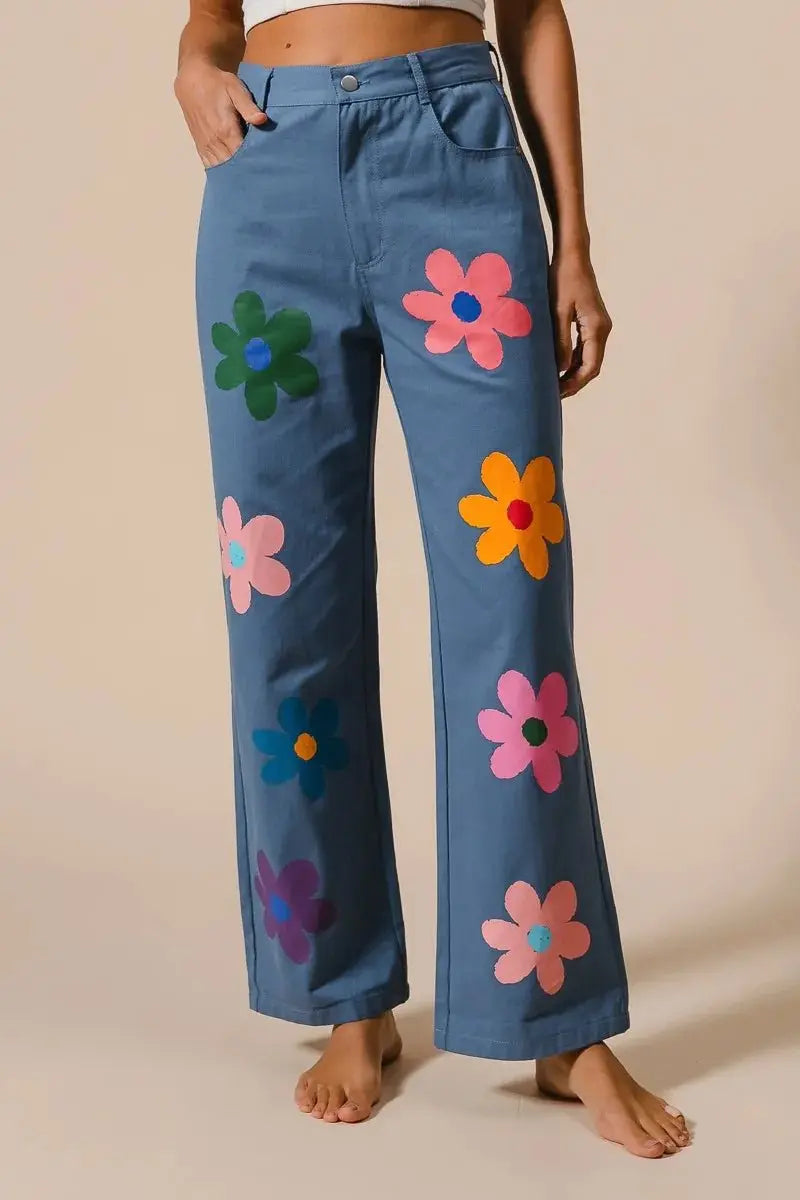 BiBi Flower Print Straight Legs Pants for Chic Style - Love Salve